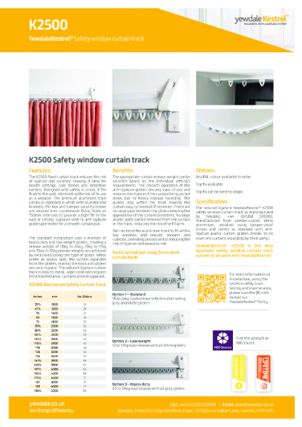 YewdaleKestrel® K2500 Safety window curtain track Data Sheet
