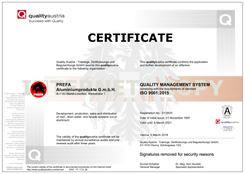 PREFA ISO 9001 Certificate
