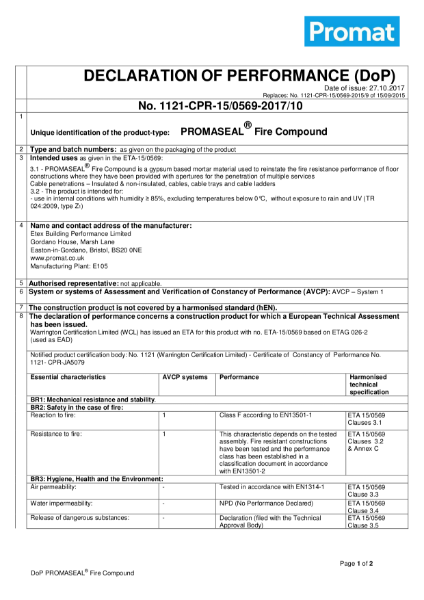 Etex Promat DOP Certificate, Promaseal Fire Compound