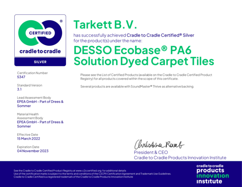 Tarkett Desso PA6 Carpet Tiles - Cradle to Cradle: Silver - Nov 2023