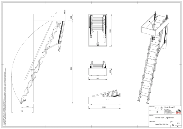 Gorter Scissor stairs - Large electric 700 x 1200 mm – Ceiling height up to 3000 mm - Technical 2D Drawing