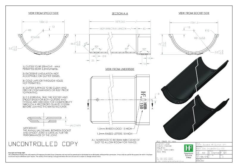 150mm Beaded Half Round Gutter Drawing