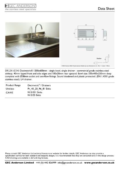 GEC Anderson Data Sheet - DR126 (G54)L Single Bowl With Drainer