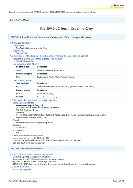 Safety Data Sheet - Pro-BW® LO Resin - Graphite Grey