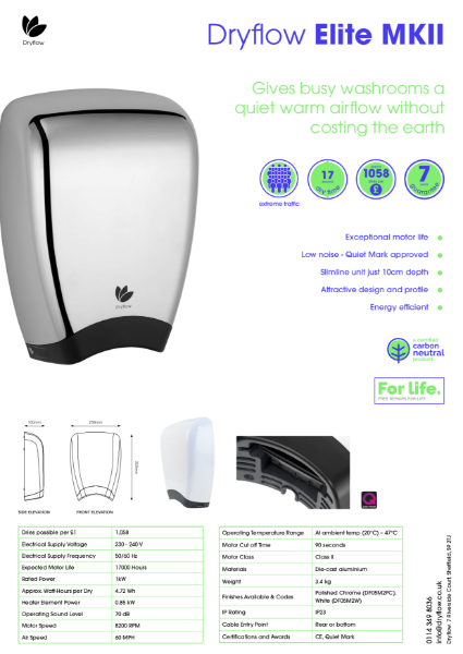 Hand Dryer Spec Sheet - Dryflow® Elite Mk2 Carbon Neutral Hand Dryer