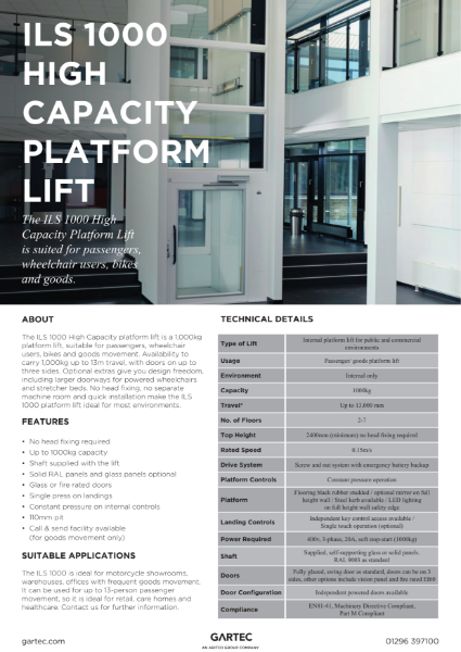 Gartec ILS 1000 High Capacity Platform Lift – Product Data Sheet