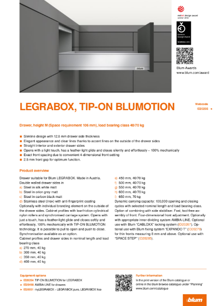 LEGRABOX TIP-ON BLUMOTION M Height Specification Text