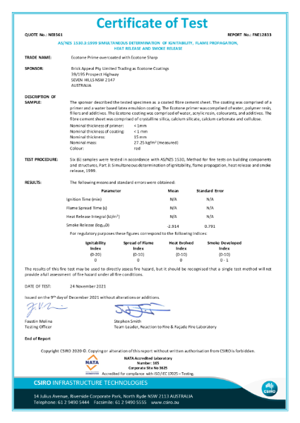 Test Certificate for ECOTONE Sharp (AS/NZS 1530.3:1999 Fire Test)