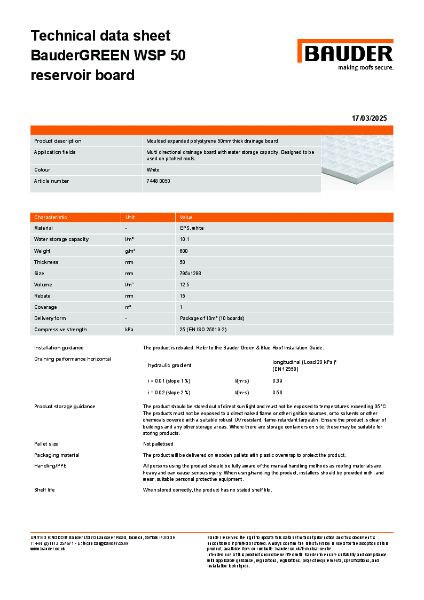 BauderGREEN WSP 50 reservoir board - Technical data sheet