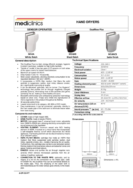Hand Dryer Spec Sheet - Mediclinics Dualflow Plus Hand Dryer M14A / M24A