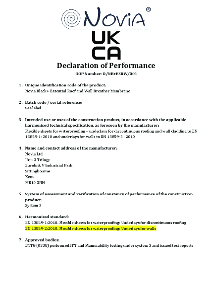 Novia Black + Essential Roof and wall breather membrane Declaration of performance