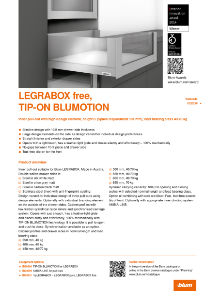 LEGRABOX free TIP-ON BLUMOTION C Height Inner Pull-out with High Design Element Specification Text