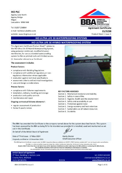 BBA Certificate 15/5238  PS1 IKO ULTRA Life 30 Hybrid Waterproofing System