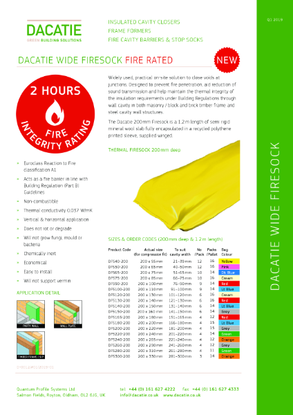 Dacatie Wide Firesock - Fire Cavity Barrier  1 Hour Fire  Integrity  -  20 to 300mm Cavities-  Data sheet