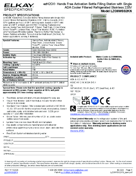 Elkay LZO8WSS2KN Technical Datasheet