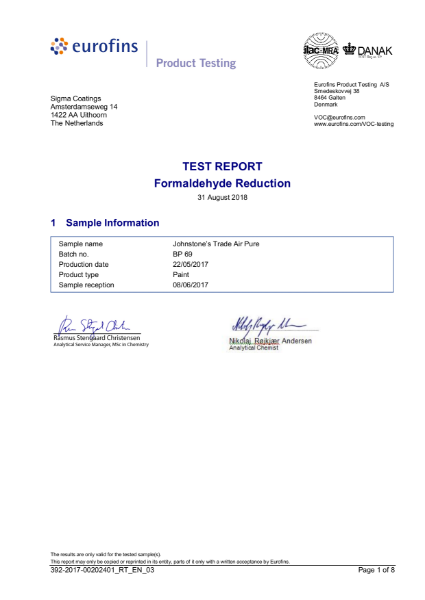 Eurofins Johnstone's Trade Air Pure_Formaldehyde Reduction Test Report