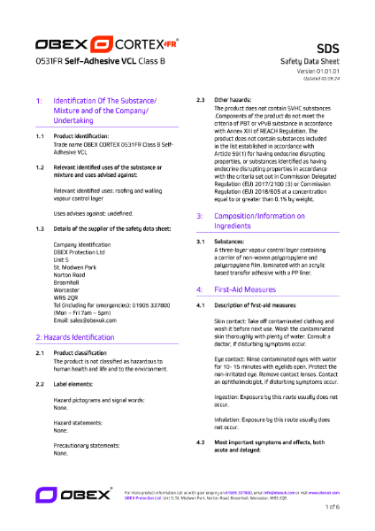 OBEX CORTEX 0531FR Class B Self-Adhesive VCL SDS