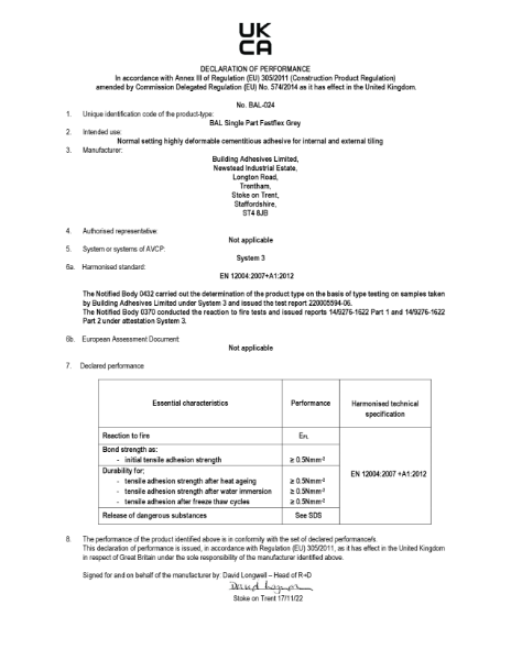 DECLARATION OF PERFORMANCE - BAL Single Part Fast Flex Grey