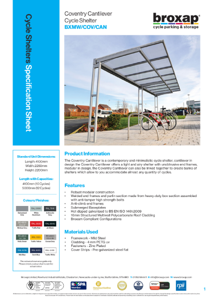 Coventry Cantilever Canopy Specification Sheet