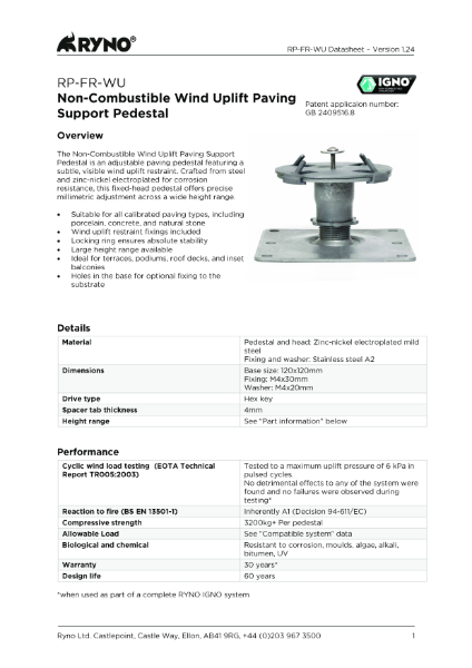 Datasheet - RP-FR-WU Non-Combustible Wind Uplift Paving Support Pedestal