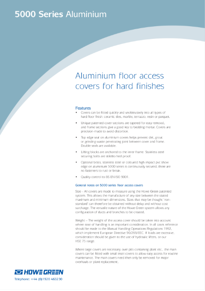 5000 Series Light-Duty Aluminium Floor Access Cover Technical Data Sheet