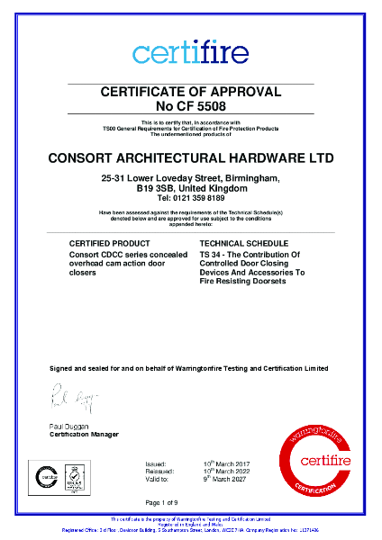 Warringtonfire Testing Certificate - Consort CDCC Series