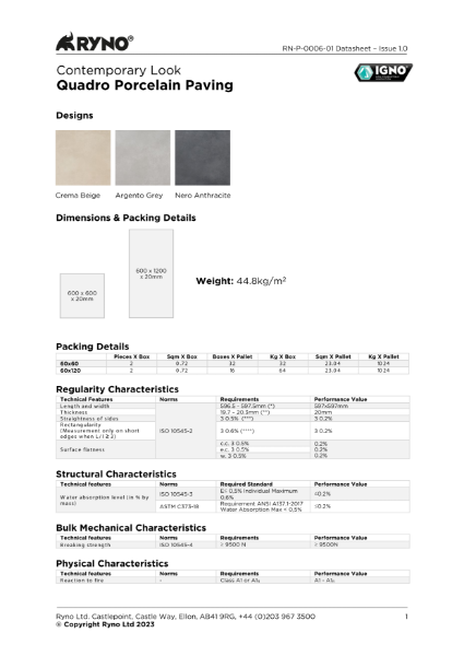 Quadro Porcelain Tiles Data Sheet