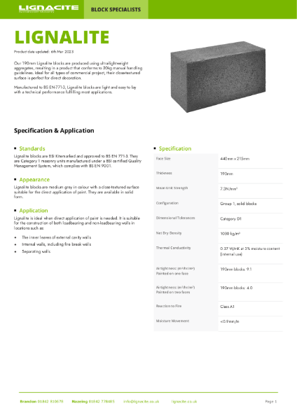 Lignalite 190mm 7.3N/mm2 Data Sheet