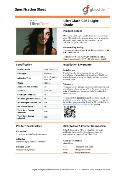 UltraGlare-G035 Light Shade Specification Sheet