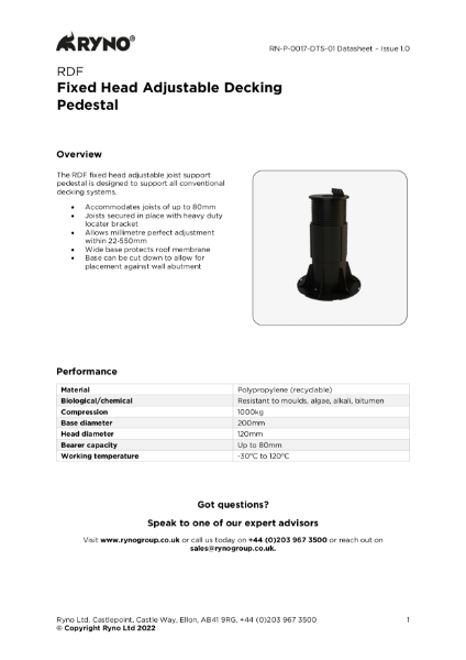 RDF Decking Pedestal - Datasheet