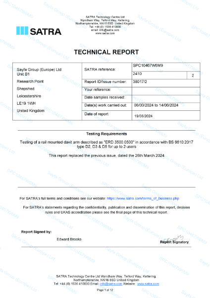 SATRA EdgeReil™ A-Frame Davit Test Report - BS 8610.2017 2U