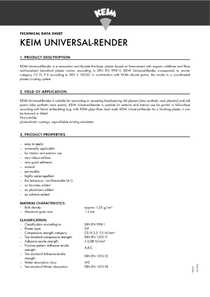 Keim Universal Render (Unitpitz 1.3) Technical Data Sheet