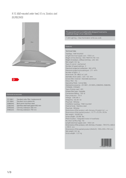 N 30, Wall-mounted cooker hood, 60 cm, Stainless steel
D62PBC0N0B