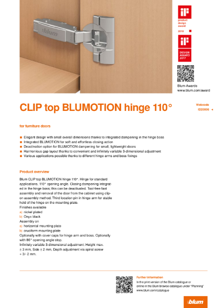 CLIP top BLUMOTION 110 Degree Hinge Specification Text