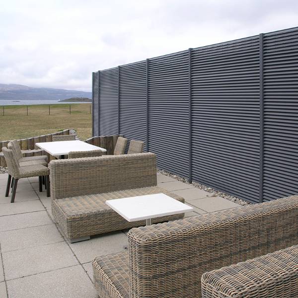 Portavadie Marina Resort: Steel louvred fencing and compounds to screen service plant and wheelie bins