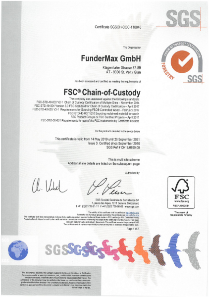 FSC Certificate FunderMax | Fibreboards, Homogen, Star Favorit, HPL, Compact