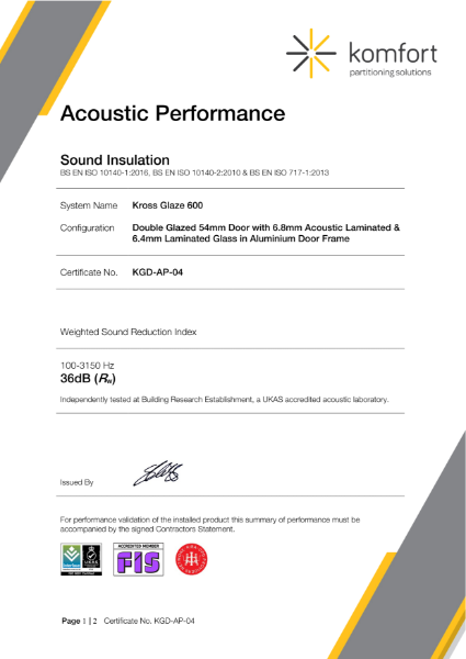 KGD-AP-04 | Acoustic Performance | Kross Glaze 600 Door | 6.4mm Laminated & 6.8mm Acoustic Laminated | 36dB (Rw)