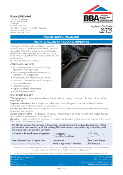 BBA Agrement Certificate 00-3755 for Protan G, GX and EXA Roofing Membranes