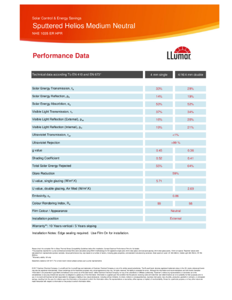 Data Sheet - External Medium Neutral Window Film -  LLumar NHE1035