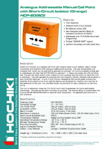 Analogue Addressable Manual Call Point with Short-Circuit Isolator (Orange) HCP-EO(SCI)