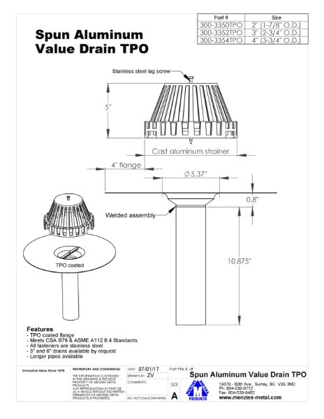 TECHNICAL DRAWING - SPUN ALUMINUM VALUE DRAIN - TPO