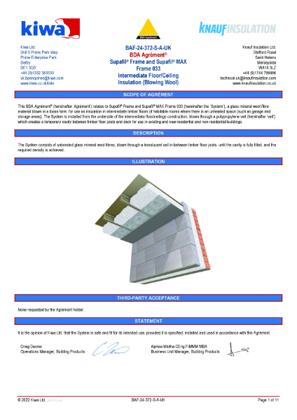 Knauf Insulation Supafil® Frame KIWA BDA Agrément® (Intermediate Floor/Ceiling)