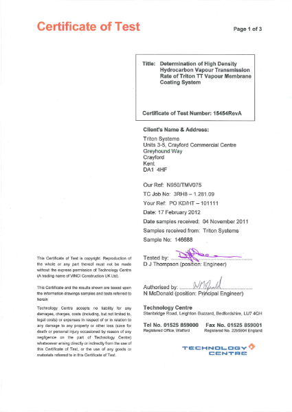 Triton TT Vapour Membrane Coating - Test Certificate