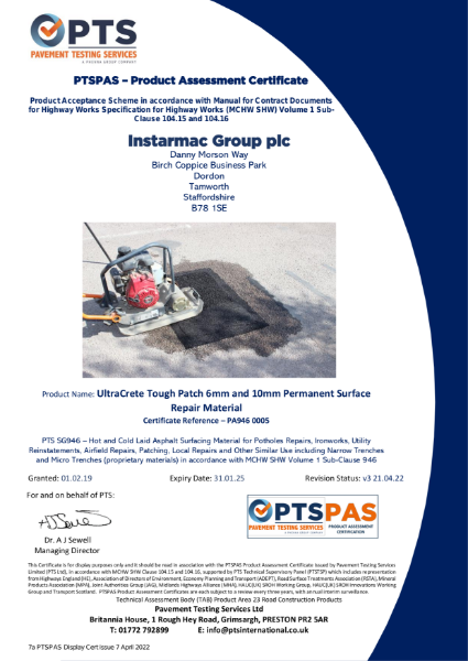 PTS PAS product certificate Tough Patch®