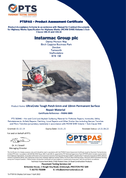 PTSPAS Product Assessment Certificate