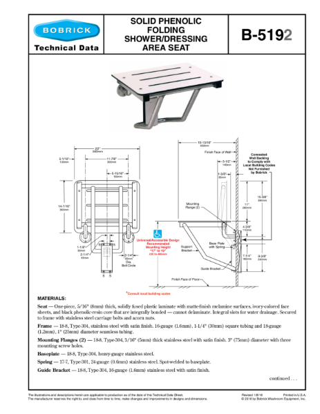 Solid Phenolic Folding Shower/Dressing Area Seat - B-5192