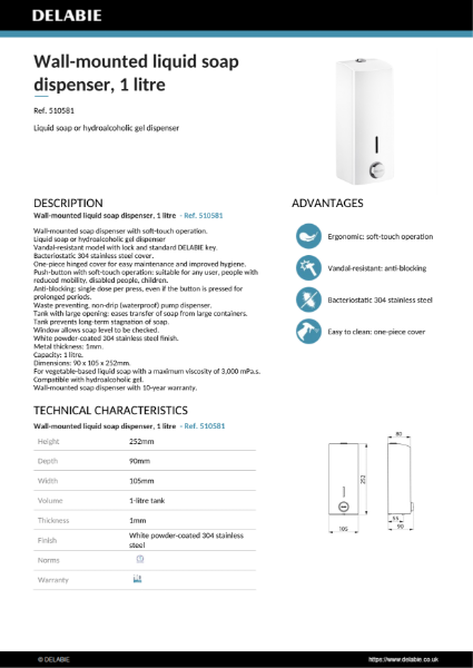 Push-Button Soap Dispenser - White, 1 Litre Product Data Sheet