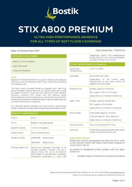 Bostik Stix A800 Premium Flooring Adhesive - Technical Data Sheet