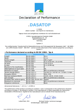 Dasatop Declaration of Performance (DOP)