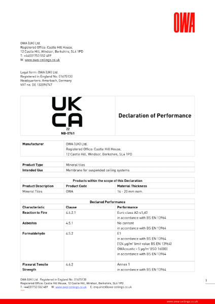 OWAcoustic Mineral Tiles DoP - Level 1